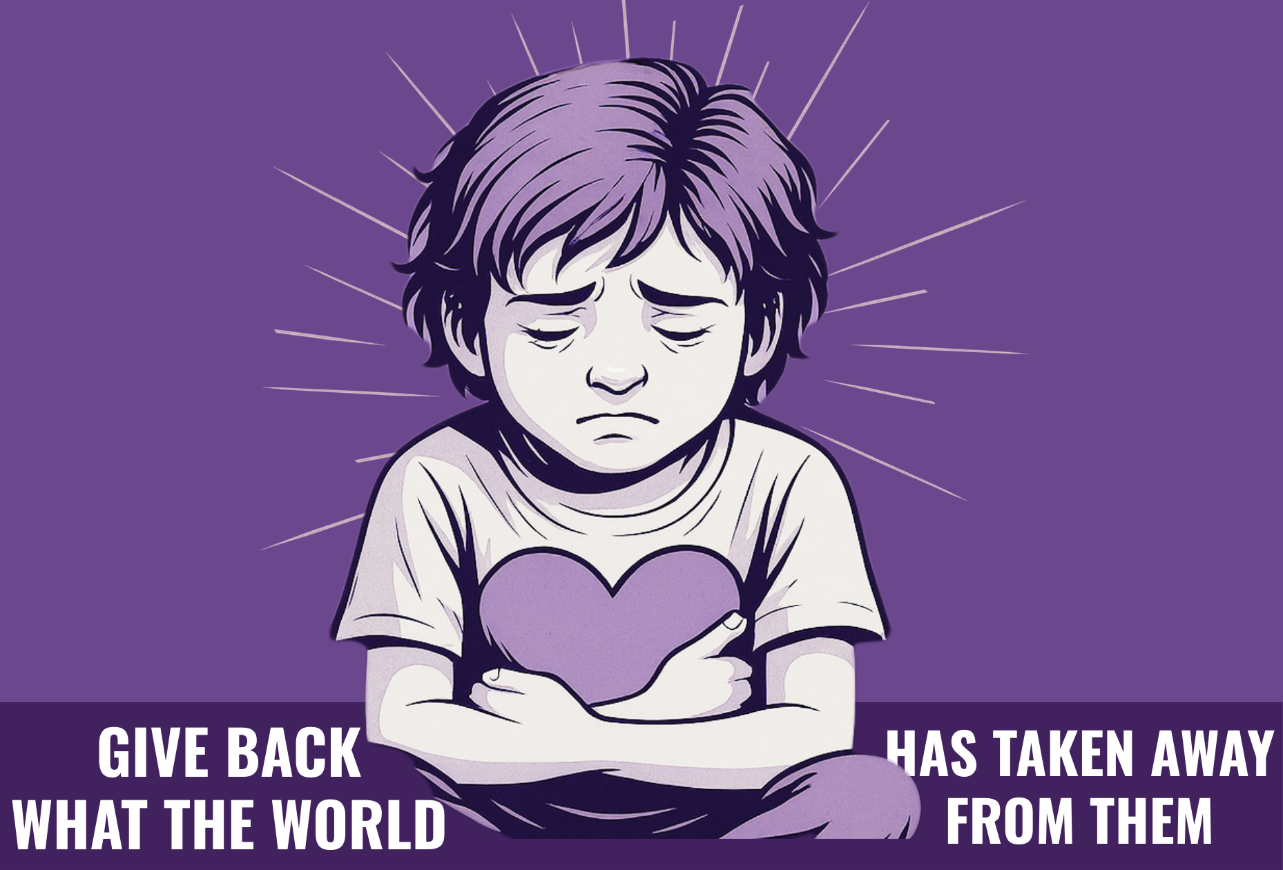 Изображение, на котором грустный ребёнок сидит, обняв сердце, — символ утраты и необходимости вернуть то, что мир у них забрал.